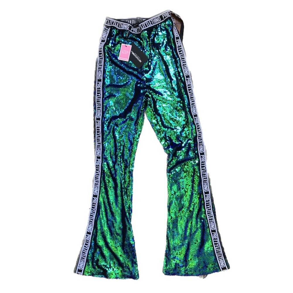 PrettyLittleThing Green Sequin Flared Pants (NWT)